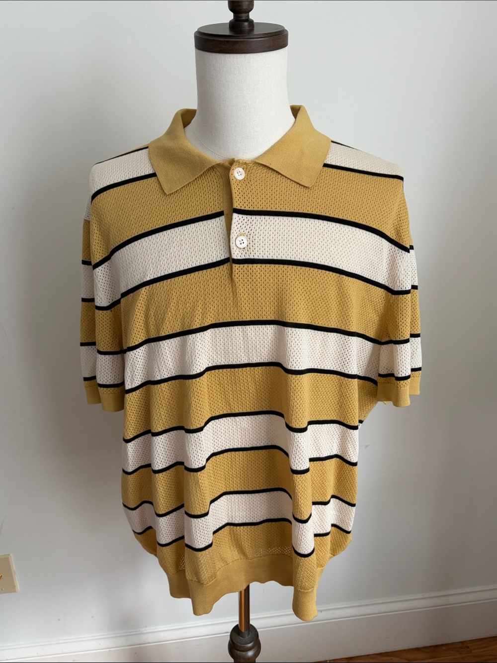 Banana Republic Yellow, White & Black Striped Mesh Polo